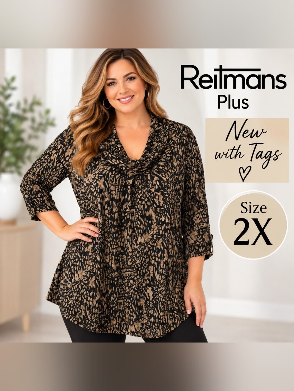 Reitmans Plus Size 2X Animal Print Cowl Neck Tunic Top NWT